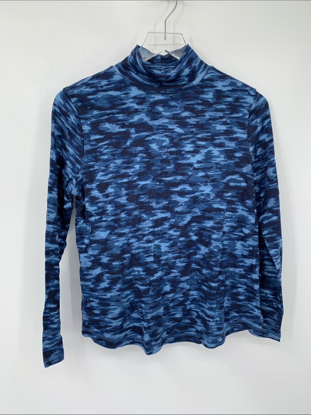 Athleta mockneck knit shirt top blouse stretch navy blue camo print new Small S